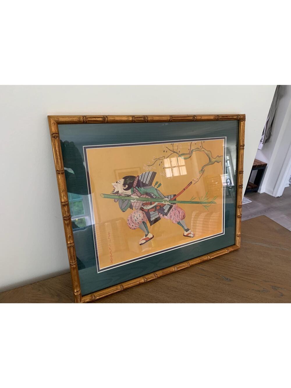 Vintage Red Skelton Samurai Warrior Art Print Framed Faux Bamboo Gold